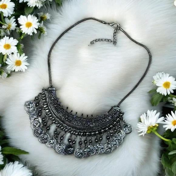 Boho Oxidized Silver Tone Tribal Coin Fringe Bib Necklace Statement Choker - Picture 14 of 14